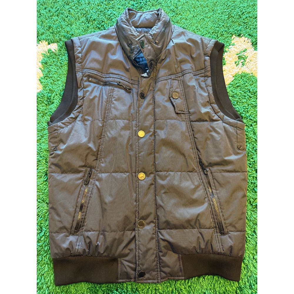 Unbranded Pinstripe Puffer Vest Mens Large Black Grey Excellent Quilted Zip Up - Picture 1 of 12
